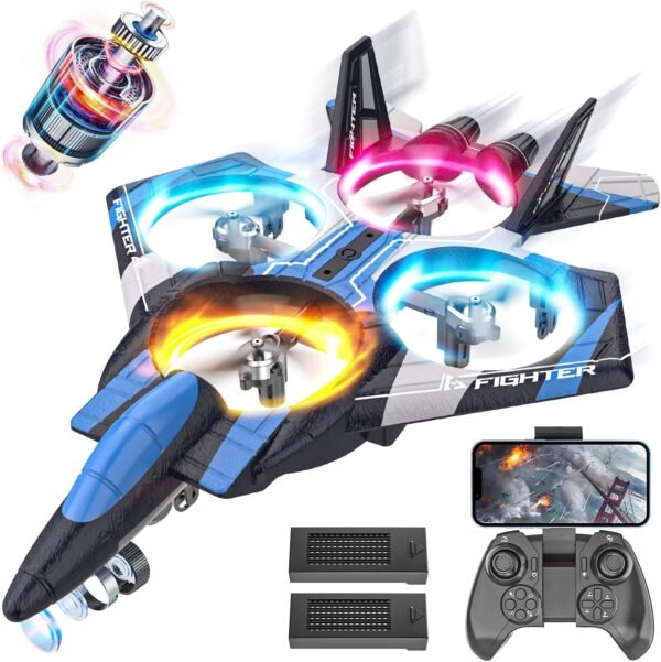 BEZGAR Brushless Drones for Kids | 2.4GHZ RC Plane with BEZGAR Brushless Drones for Kids | 2.4GHZ RC Plane with Camera, 6-axis Gyro Remote Control Airplane, 360° Flip Fighter Jet Toy, Toys for ages 8-13 with Colorful LED Navigation Lights Blue