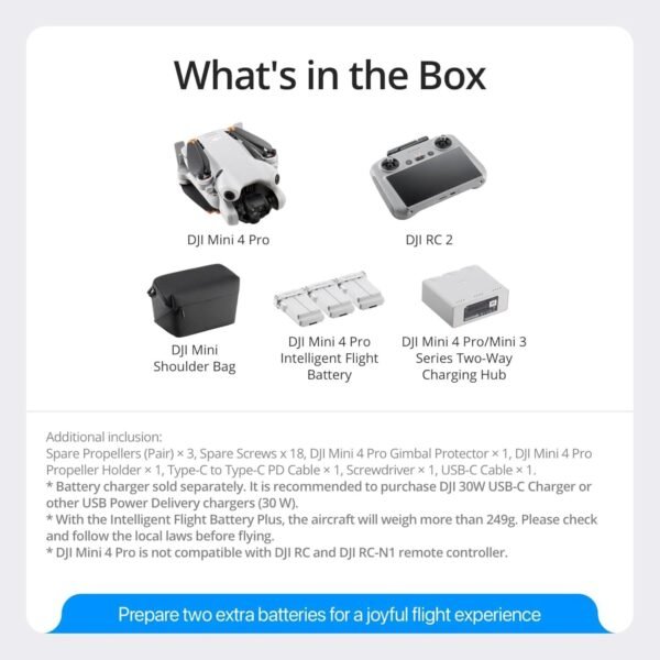 DJI Mini 4 Pro Fly More Combo with DJI RC 2, Drones with Camera for Adults 4K, Under 0.549 lbs/249 g, 3 Batteries for up to 102 Mins Flight Time, Smart Return to Home, Drone for Beginners