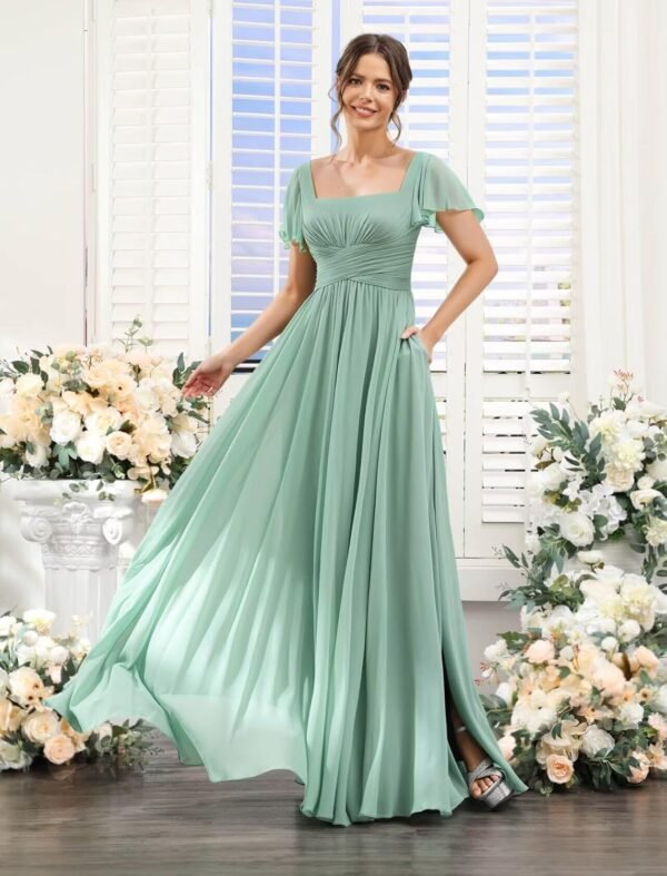 Women's Flutter Sleeves Bridesmaid Dresses with Slit Chiffon...