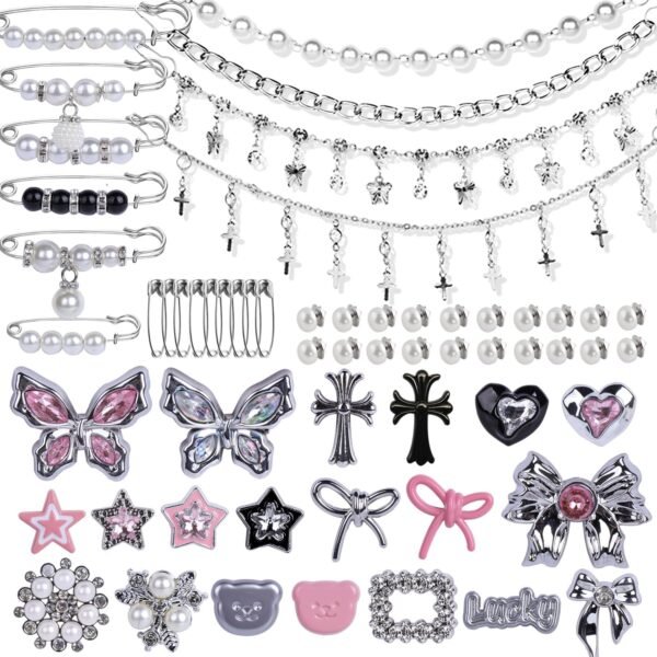 62pcs Silver Set Sock Charm Set, Safety Pin Brooch, Rhinesto...