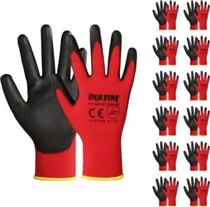 DULFINE Safety Work Gloves PU Coated-12 Pairs,Red Seamless K... DULFINE Safety Work Gloves PU Coated-12 Pairs,Red Seamless K...