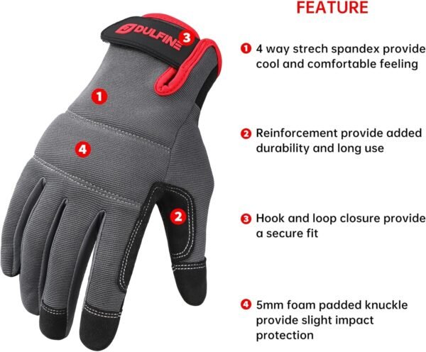 DULFINE Flex Grip Mechanic Work Gloves for Men,Black and Red...