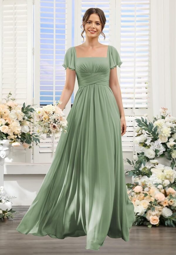Women's Flutter Sleeves Bridesmaid Dresses with Slit Chiffon...