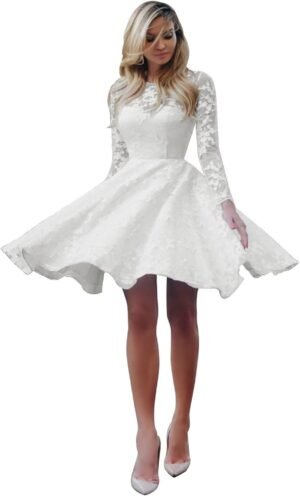 Boho Long Sleeve Wedding Dresses for Bride Short Lace Weddin... Boho Long Sleeve Wedding Dresses for Bride Short Lace Weddin...