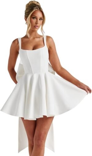 Short Satin Homecoming Dresses with Bow A Line Corset Open Short Satin Homecoming Dresses with Bow A Line Corset Open B...