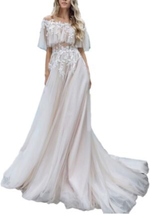 A Line Short Sleeves Bridal Engagement Gowns Court Train Tul... A Line Short Sleeves Bridal Engagement Gowns Court Train Tul...