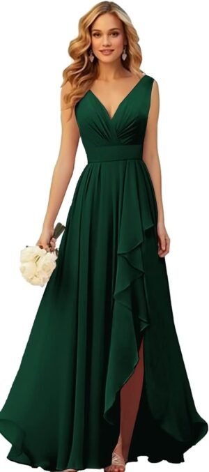 TORYEMY Chiffon Bridesmaid Dresses Long V Neck with Slit Ruf... TORYEMY Chiffon Bridesmaid Dresses Long V Neck with Slit Ruf...