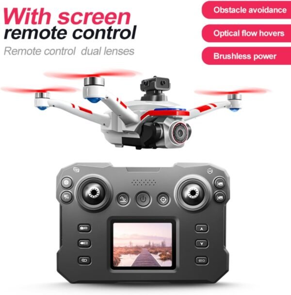 61-SwWepQZL._AC_SL1500_.jpg RC Drone With Screen On Controller, 1080P Dual Camera, Optical Flow Hover, LED Lights, Speed Adjustment, Gravity Sensor, Brushless Motor, Trajectory Flight, 360 Degree Flip, APP Control, Headless Mode, One-Key Takeoff/Landing, Obstacle Avoidance, Impact-Resistant ABS Shell, 2 Batteries, Memory Card, Card Reader, Handbag , Beginner-Friendly FPV Remote Control Quadcopter (White Red)