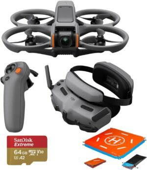 DJI Avata 2 Fly More Combo (1 Battery), FPV Drone with Camera 4K, Built-in Propeller Guard, Easy Flip/Roll, Goggles 3 and RC Motion 3 Included, POV Content Camera Drone, Black + SD Card & Landing pad