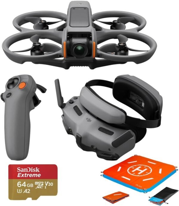 DJI Avata 2 Fly More Combo (1 Battery), FPV Drone DJI Avata 2 Fly More Combo (1 Battery), FPV Drone with Camera 4K, Built-in Propeller Guard, Easy Flip/Roll, Goggles 3 and RC Motion 3 Included, POV Content Camera Drone, Black + SD Card & Landing pad