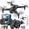 Brushless Motor Drones with 4k Camera, with 5G FPV Parameter display Handle,Quadcopter with Voice Gesture Control, Optical Flow Positioning, 360° Flip, Waypoint Fly,2 Batteries.