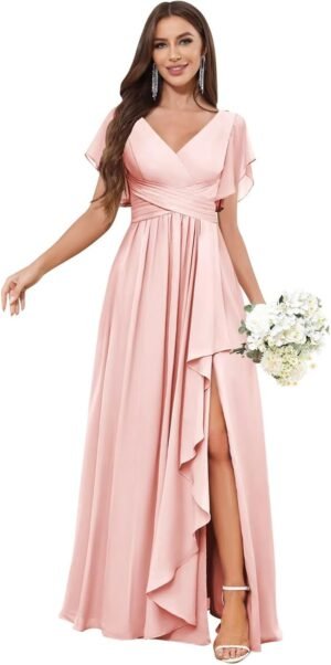 TORYEMY Womens Chiffon Bridesmaid Dresses with Sleeves Slit ... TORYEMY Womens Chiffon Bridesmaid Dresses with Sleeves Slit ...