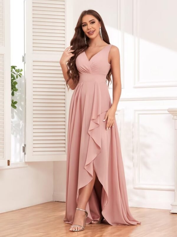 TORYEMY Chiffon Bridesmaid Dresses Long V Neck with Slit Ruf...