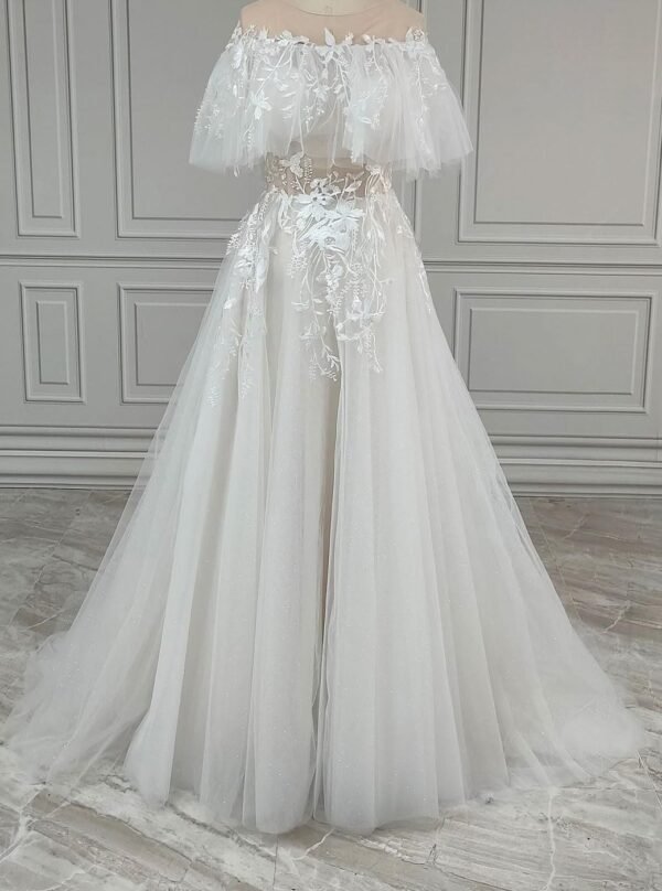 A Line Short Sleeves Bridal Engagement Gowns Court Train Tul...