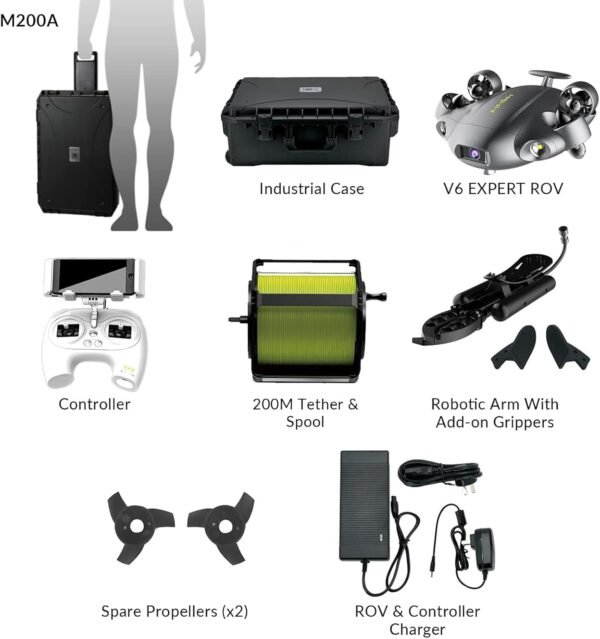 QYSEA FIFISH V6 Expert M200A Underwater Drone with Robotic Arm, AI Vision Lock Portable ROV with Q-Interface, Underwater Robot with Industrial Case, 6 Hours Working Time, 4K Camera, 660ft Dive