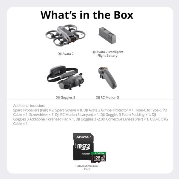 DJI Avata 2 Fly More Combo (Single Battery) with 128GB MicroSDXC Memory Card Bundle - FPV Flight Experience with Motion Control and Easy ACRO