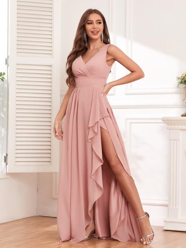TORYEMY Chiffon Bridesmaid Dresses Long V Neck with Slit Ruf...