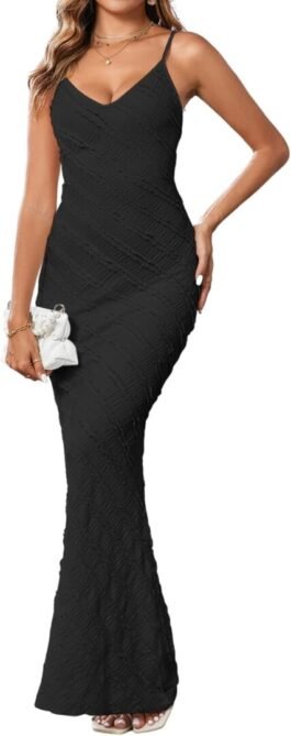 Women's Sexy V Neck Bodycon Maxi Dress Spaghetti Strap Ruffl...