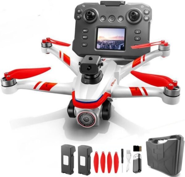 RC Drone With Screen On Controller, 1080P Dual Camera, Optical RC Drone With Screen On Controller, 1080P Dual Camera, Optical Flow Hover, LED Lights, Speed Adjustment, Gravity Sensor, Brushless Motor, Trajectory Flight, 360 Degree Flip, APP Control, Headless Mode, One-Key Takeoff/Landing, Obstacle Avoidance, Impact-Resistant ABS Shell, 2 Batteries, Memory Card, Card Reader, Handbag , Beginner-Friendly FPV Remote Control Quadcopter (White Red)