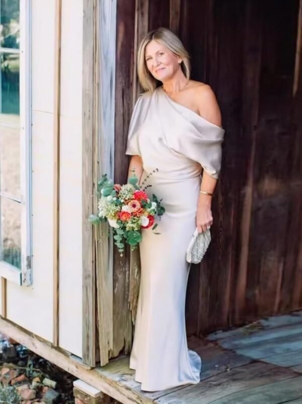 One Shoulder Mother of The Bride Dress Ruched Long Satin Bri...