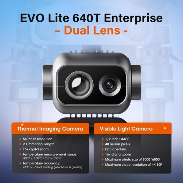 Autel Robotics EVO Lite 640T Enterprise, 640x512@30 fps T~hermal Imaging,1/2'' CMOS 48MP Visible Camera,16x Digital Zoom, AI Target Recognition, Remote ID Supported, 40 Minutes, 12KM Transmission