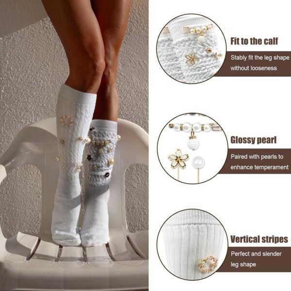 2 Pairs White Slouch Socks with 21 Pcs Sock Charms Pins Jewe...