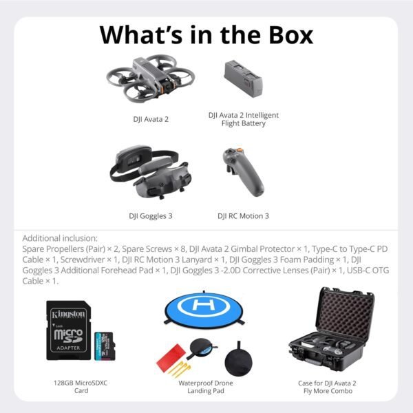DJI Avata 2 Fly More Combo (Single Battery) with Avata 2 Custom Molded Hard Case, Double-Sided Drone Landing Pad with Carrying Case, and 128GB MicroSD Card Bundle (4 Items)