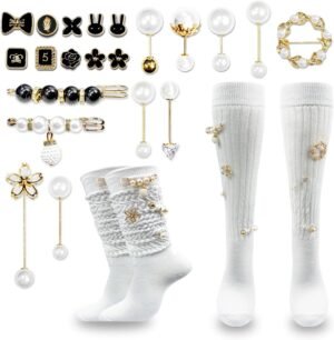 2 Pairs White Slouch Socks with 21 Pcs Sock Charms 2 Pairs White Slouch Socks with 21 Pcs Sock Charms Pins Jewe...