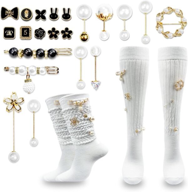 2 Pairs White Slouch Socks with 21 Pcs Sock Charms Pins Jewe...