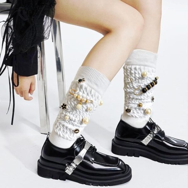 2 Pairs White Slouch Socks with 21 Pcs Sock Charms Pins Jewe...