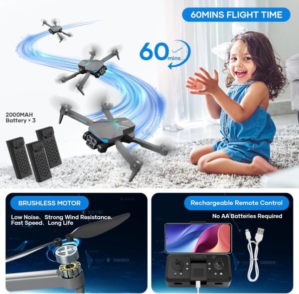 Drone with Camera for Adults, 1080P FPV Drones for kids and Beginners with Brushless Motors, Upgrade Altitude Hold, 90° Adjustable Lens, Gestures Selfie, 60 Mins Fly Time