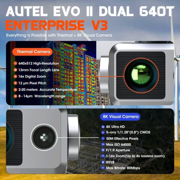 81aTqcvD6AL._AC_SL1500_.jpg Autel Robotics EVO II Dual 640T Enterprise V3, 640*512 30Hz T~hermal&8" RYYB CMOS Sensor,10 Color Schemes, 4X lossless Zoom, 42 Min,15KM Transmission, Support Remote ID,w/Strobe/Spotlight/ Loudspeaker