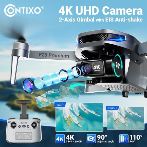 81hZ3qkcwL._AC_SL1500_.jpg Contixo F28 Premium Two-Axis Gimbal Drone for Adults – 4K Zoom Camera, Brushless Motor, 23 Min Flight, Accurate GPS, Auto Return, Follow Me, 110° Wide-Angle FPV, Portable Foldable Drone for Beginners