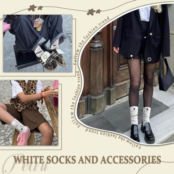2 Pairs White Slouch Socks with 21 Pcs Sock Charms Pins Jewe...