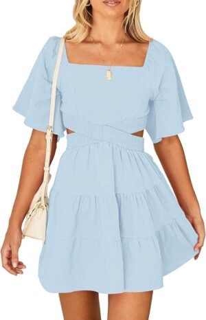 Women's Summer Dresses Square Neck Casual Short Sleeves Cros... Women's Summer Dresses Square Neck Casual Short Sleeves Cros...