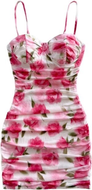 Verdusa Women's Floral Ruched Bodycon Mini Dress Spaghetti S... Verdusa Women's Floral Ruched Bodycon Mini Dress Spaghetti S...