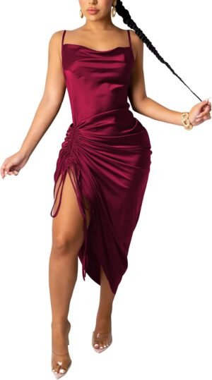 Women's Spaghetti Strap Satin Dress Sexy Backless Drawstring... Women's Spaghetti Strap Satin Dress Sexy Backless Drawstring...