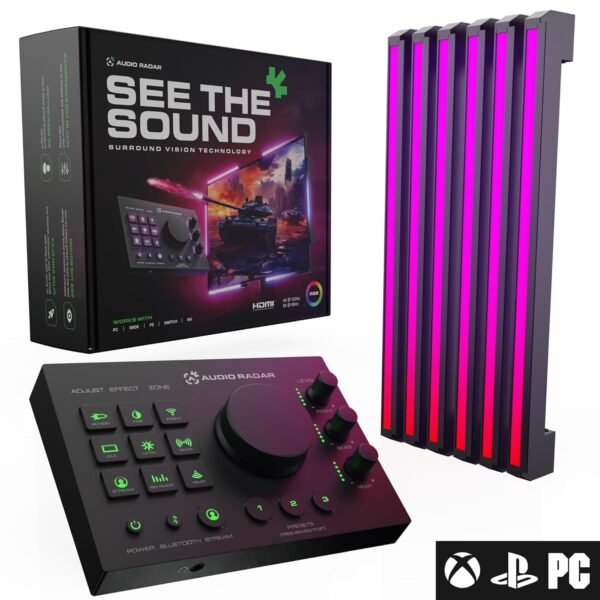 Audio Radar with Surround Vision Technology™, LED Sound Detection for Audio Radar with Surround Vision Technology™, LED Sound Detection for PC/Xbox/PS5, FPS & Deaf Gamers, Works With Most Video Games, Fits 24-65” Gaming Monitor, TV, Works With Or w/o Gaming Headset