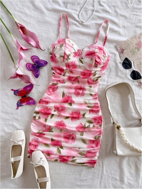 Verdusa Women's Floral Ruched Bodycon Mini Dress Spaghetti S...