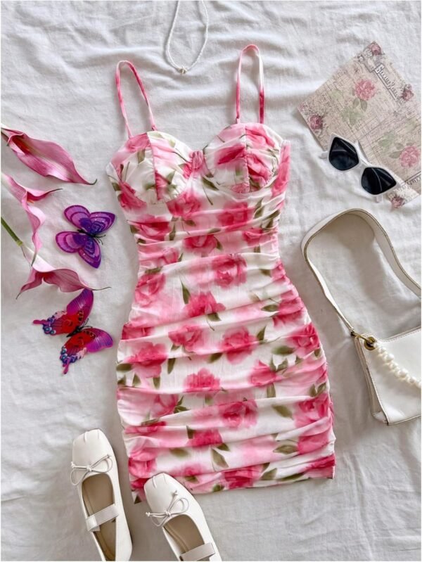 Verdusa Women's Floral Ruched Bodycon Mini Dress Spaghetti S...