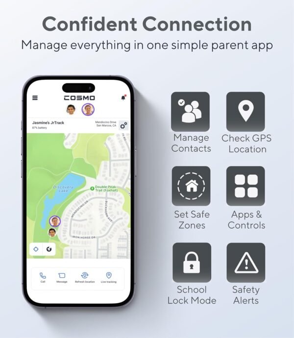 JrTrack 4 Kids Smart Watch by Cosmo | Phone Watch & GPS Tracker | Enhanced Parental Controls | Call, Text, Activity, School Lock | Spotify Music | SIM Card Included | SOS & Safety Alerts | (Black)