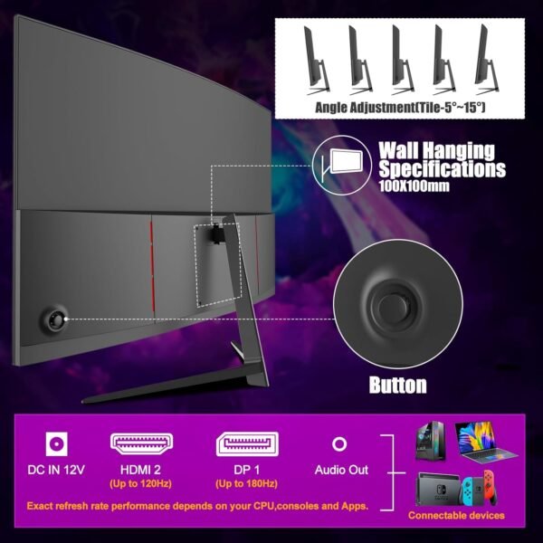 71ZqlmK1usL._AC_SL1500_.jpg 27 inch Curved Gaming Monitor,144Hz/180Hz PC Monitor Full HD 1080P, Frameless 1800R Computer Display with FreeSync & Eye-Care Technology, Wall Mountable, DP, HDMI Port (Black)