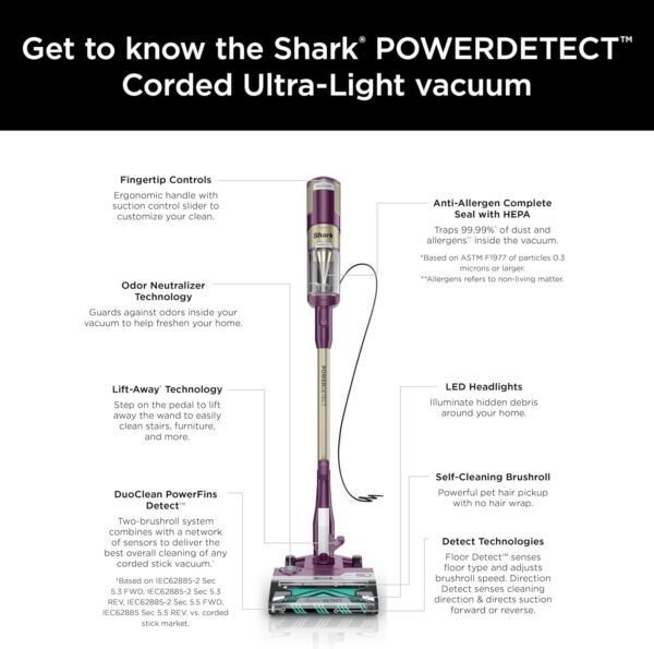 Shark POWERDETECT Ultra-Light Corded Stick Vacuum with DuoClean Technology, Self-Cleaning Brushroll for No Hair Wrap, Anti-Allergen Complete Seal, and Odor Neutralizer Technology, Purple, HZ4001AMZ