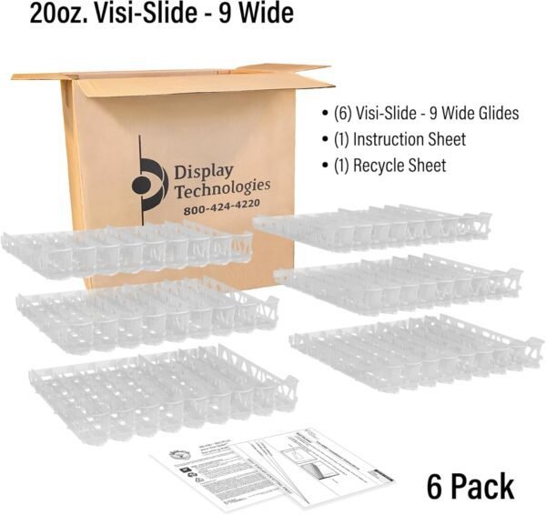 Display Technologies Visi-Slide Gravity Fed Organizer for 20-25oz Beverages on Flat and Angled Shelves in Cold Vaults & Coolers, 9-Wide, 27" Deep Drink Organizer (Pack of 6)