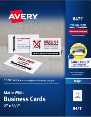Avery Printable Business Cards with Sure Feed Technology, 2" x 3.5", White, 1,000 Blank Business Cards, Inkjet Printer Paper (8471)