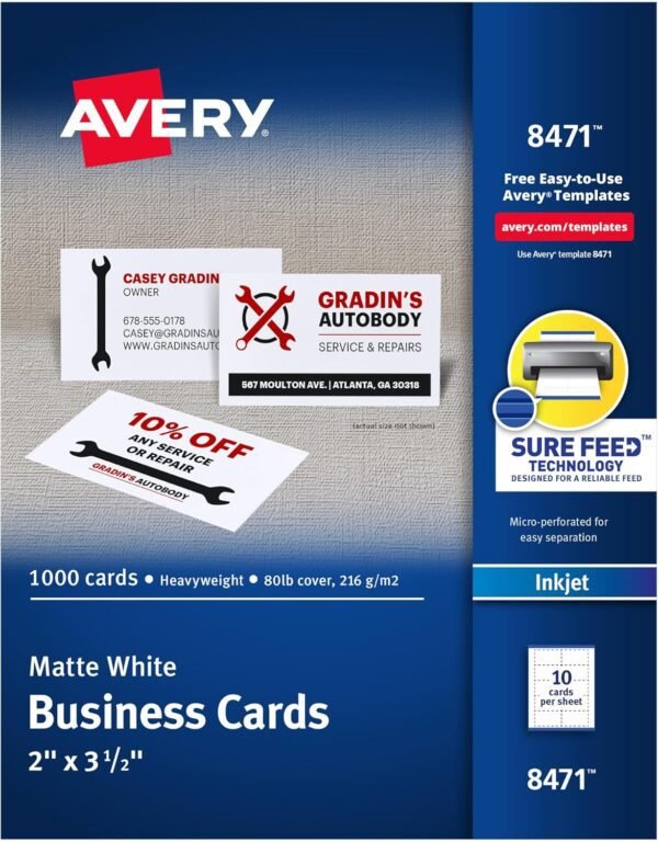 Avery Printable Business Cards with Sure Feed Technology, 2" x 3.5", White, 1,000 Blank Business Cards, Inkjet Printer Paper (8471)