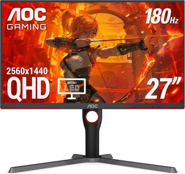 AOC Q27G3XMN 27" 2K QHD Gaming Monitor, 2560x1440, Mini LED, 180Hz, HDMI 2.0 x 1, DisplayPort 1.4 x1, Adaptive Sync, Xbox/PS5/Switch Ready, 3-Year Zero-Bright-dot