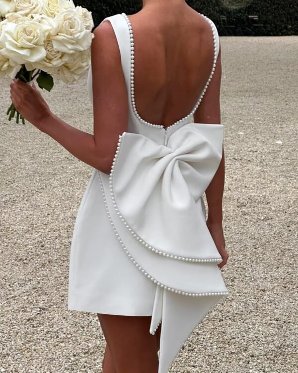 Satin Short Wedding Dress for Women Beading Backless Bridal ...