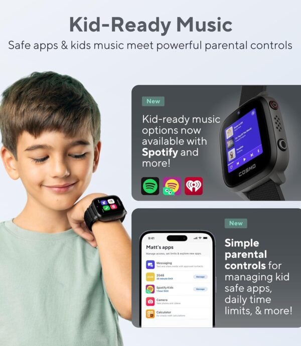 JrTrack 4 Kids Smart Watch by Cosmo | Phone Watch & GPS Tracker | Enhanced Parental Controls | Call, Text, Activity, School Lock | Spotify Music | SIM Card Included | SOS & Safety Alerts | (Black)