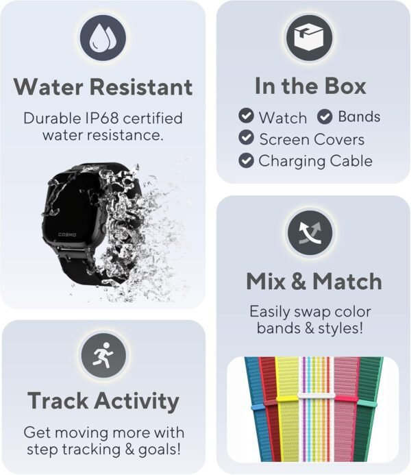 JrTrack 4 Kids Smart Watch by Cosmo | Phone Watch & GPS Tracker | Enhanced Parental Controls | Call, Text, Activity, School Lock | Spotify Music | SIM Card Included | SOS & Safety Alerts | (Black)